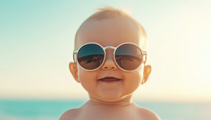 Fototapeta premium Baby wearing sunglasses for first time, smiling joyfully at beach, capturing moment of pure happiness and innocence under sun
