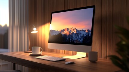 Fototapeta premium Modern 3D workspace with white computer monitor on a sleek wooden table, complete with a cup of coffee, a stylish desk lamp and an ergonomic chair. The backdrop is a warm wooden textured wall.