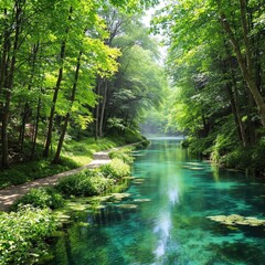 Obraz premium A winding path follows the gentle course of a spring river through a dense forest, scenery, path