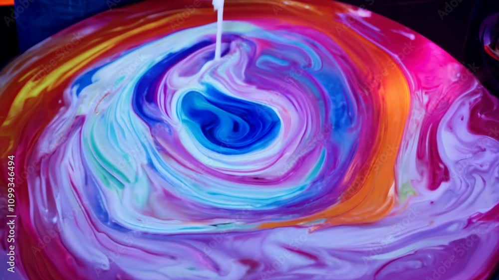 Poster colorful tie-dye video with smooth circular camera motion and neon lighting, creating psychedelic pa