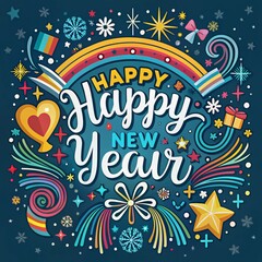 Fototapeta premium a happy new year card with a picture of a rainbow and flowers.