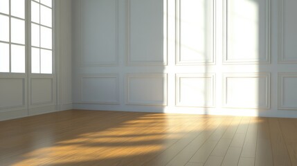 Fototapeta premium Sunlit Empty Room with White Walls and Wood Floor