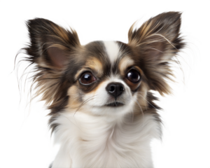 Papillon Chihuahua mix breed dog portrait looking at camera isolated on white background. Papillon Chihuahua headshot