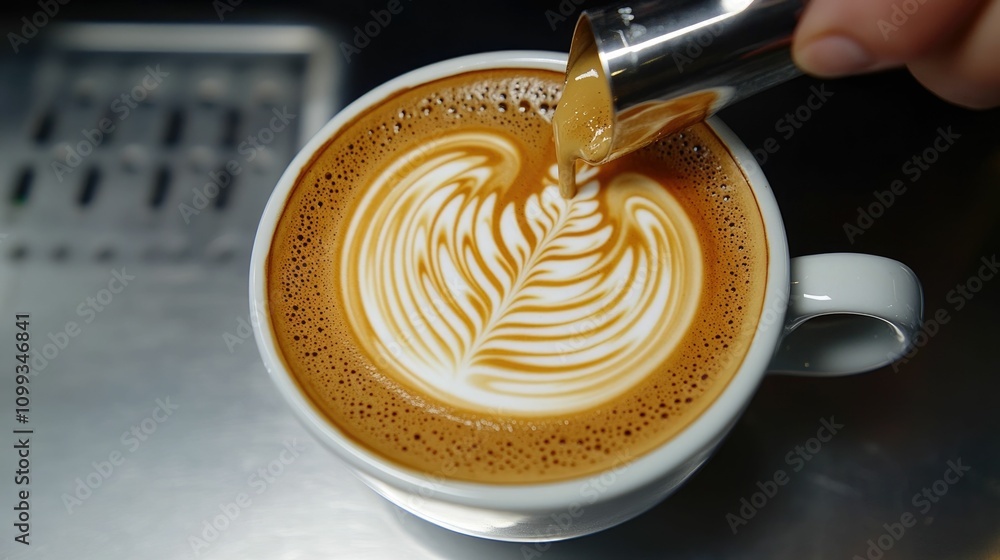 Poster close up view of a skilled barista meticulously creating an intricate and visually stunning latte ar