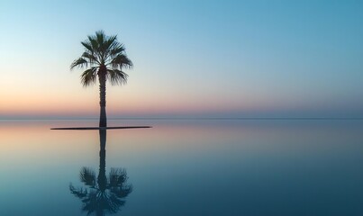 Obraz premium Calm palm trees reflecting in calm water under a clear sky at dawn, Generative AI