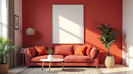 Fototapeta premium Modern Living Room Decor with Blank Art Mockup Frame for Interior Design Inspiration - Bright and Vibrant Home Space