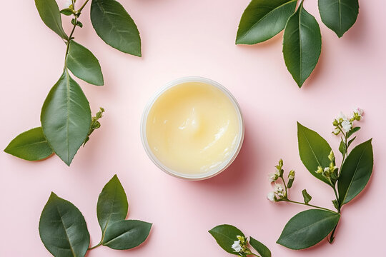 Erythromycin Cream Texture for Acne-Calming and Skin Refining, Close-up with Pale Pink Background