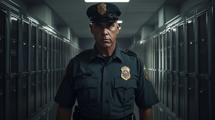 Man police uniform standing long hallway He is Prison Guard Portrait Jail