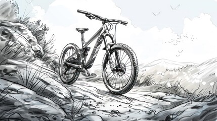 Obraz premium Mountain bike on rocky trail, scenic landscape.