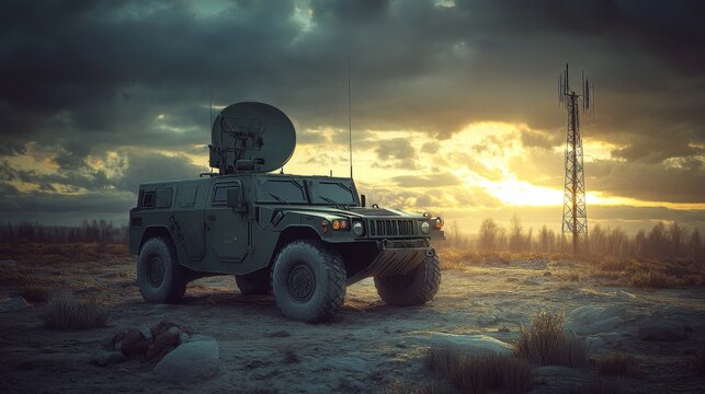 Military vehicle satellite dish top parked barren landscape Electronic Warfare: Tactics