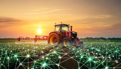 Fototapeta premium Tractor middle field sunset is red black color Agricultural Technology Trends: Graph