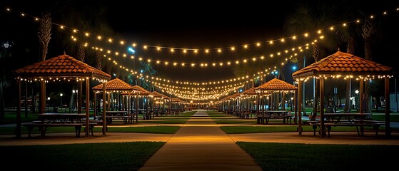 A community gathering with people singing carols in a park decorated with holiday lights 