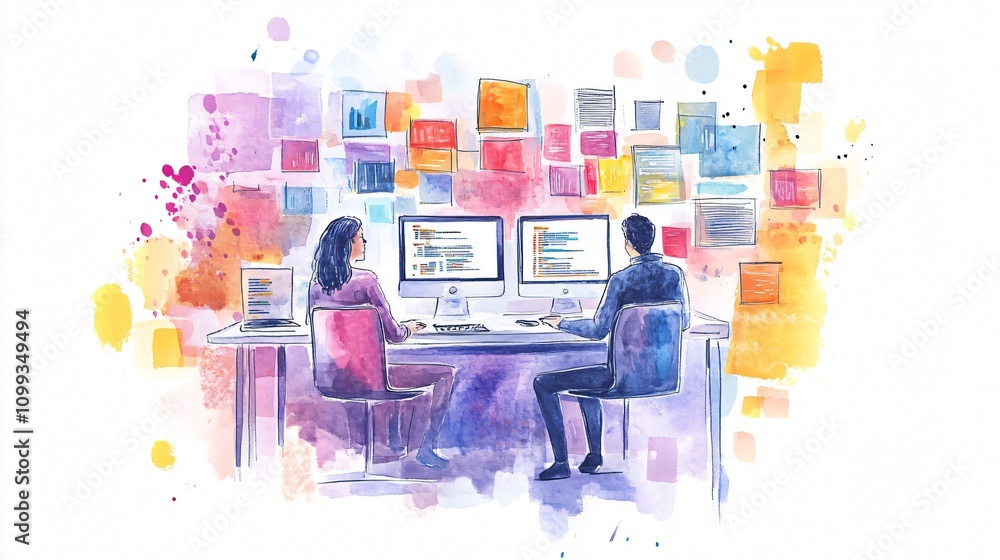 Poster watercolor painting of two developers coding on computers in a vibrant office setting