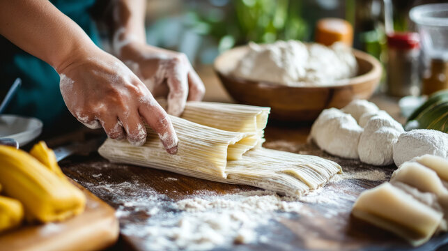 Hands preparing tamales by wrapping corn masa in husks on floured wooden surface during cooking process