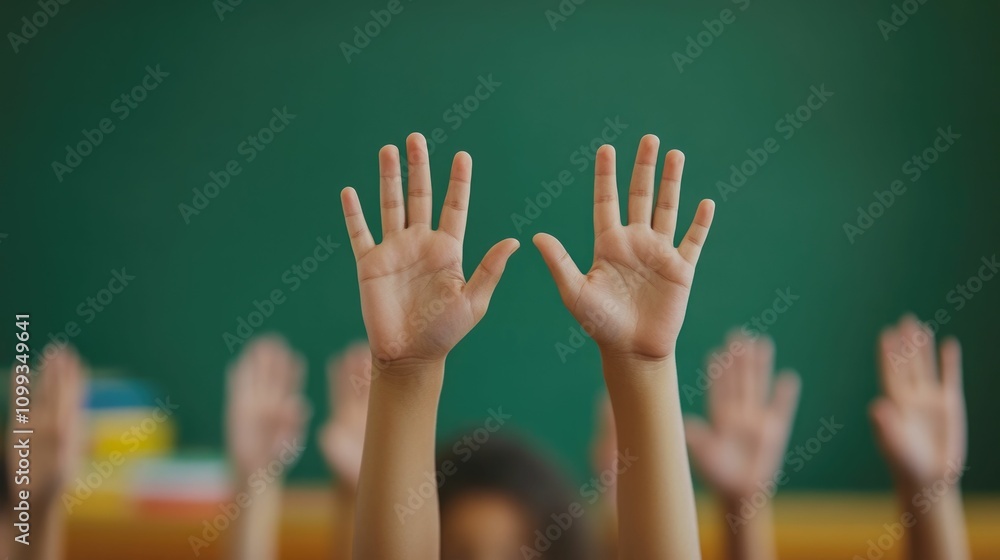 Poster hands raised in a classroom setting demonstrating student involvement curiosity and active participa
