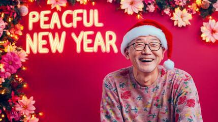 Fototapeta premium PEACEFUL NEW YEAR Cards: Asian senior male in a Santa hat sitting on Cute Neon Background Studio Shot 