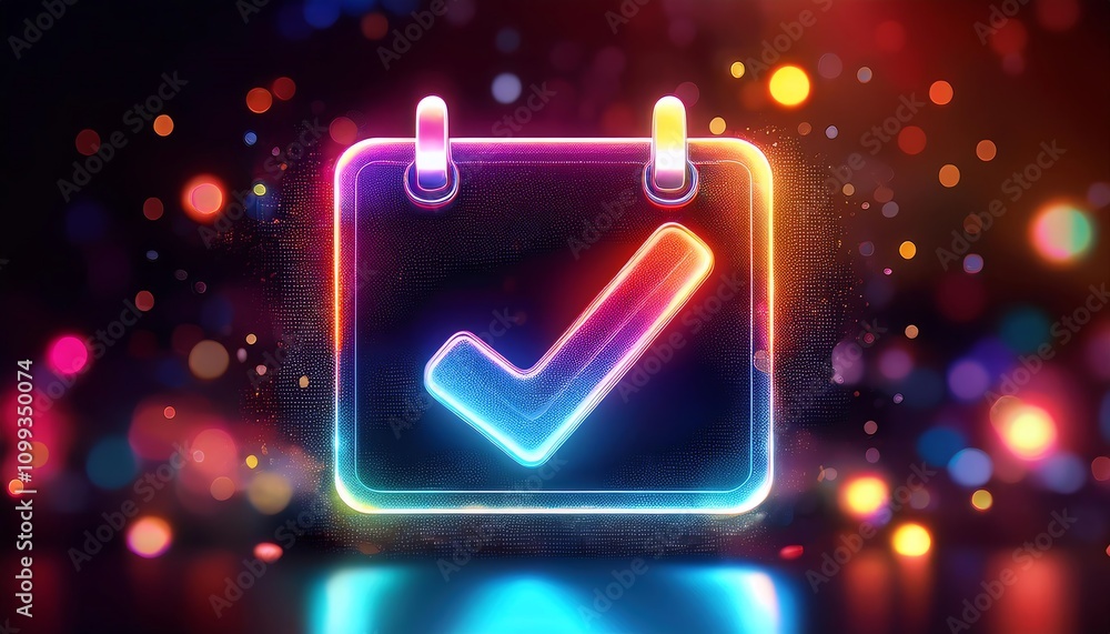 Poster a vibrant, glowing calendar icon with a checkmark, symbolizing task completion or scheduling, set ag
