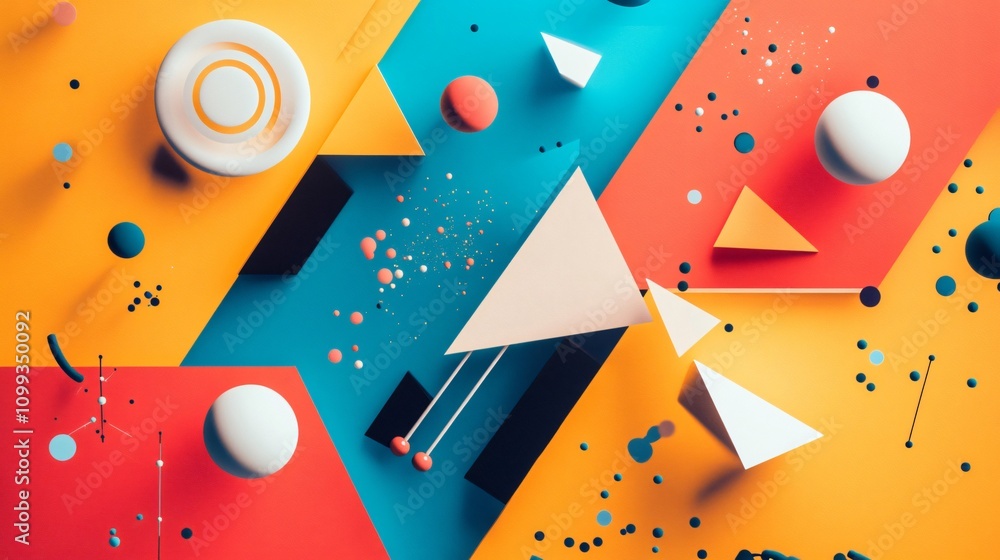 Poster empty playful 3d background with red, orange and light blue geometric form like squares and cubes.