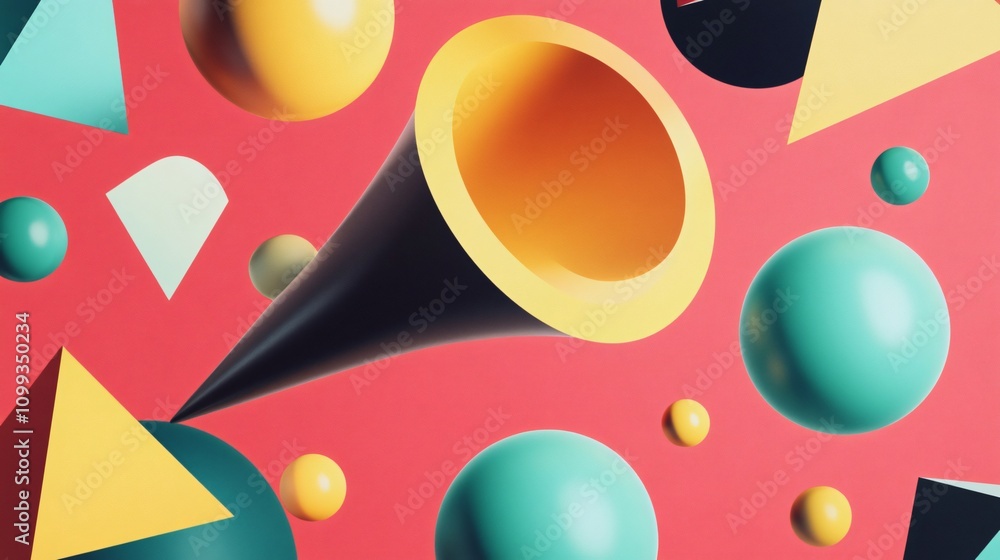 Poster abstract 3d render with geometric shapes, vivid colors, and a retro design on a red background