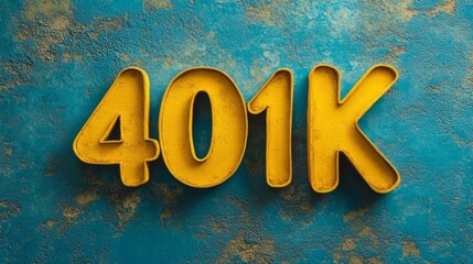 Yellow 401K text on blue grunge background.