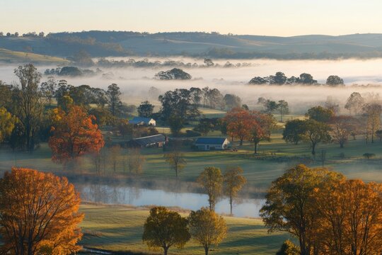 Misty Dawn Over Riverside Parks and Farms in Singleton: Enchanted Autumn Landscape