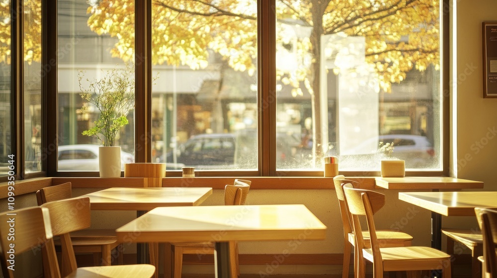 Poster empty cafe tables near large windows with fall foliage view.