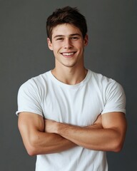 Obraz premium Charming Young Man with Crossed Arms in Studio Against Gray Backdrop