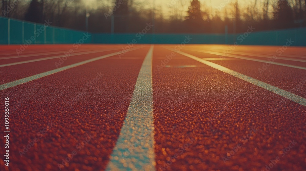Poster a low angle view of an empty running track, with the setting sun casting a golden glow on the red su