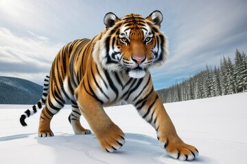 Obraz premium A majestic Siberian tiger prowls through a winter wonderland