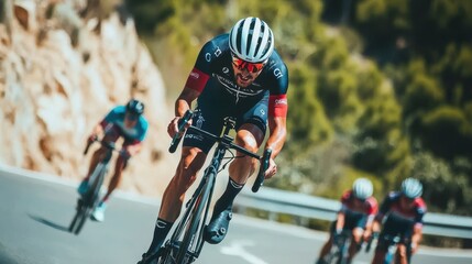 Naklejka premium Cyclist Racing Through Winding Mountain Road with Focus and Precision on a Sunny Day