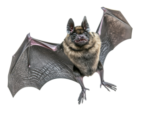 A close up image of a brown bat with its wings spread wide, isolated on a black background.