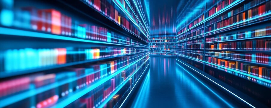 Dynamic glowing shelves in a virtual library adapting to user movements, adaptive virtual library, interactive future