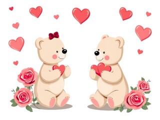Fototapeta premium Romantic themed stock photo showing cute bears surrounded by hearts and roses, ideal for greeting cards and design projects, greeting card, celebration