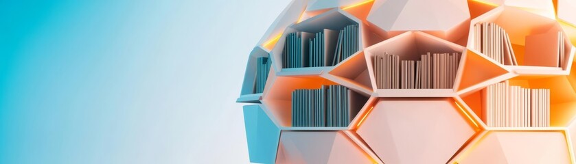 Obraz premium Floating geometric bookshelves in a futuristic dome, glowing gently, geometric dome library, modern style