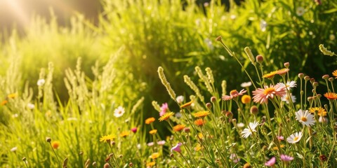 Lush field filled with vibrant yellow dandelions under a clear blue sky, outdoors, peaceful