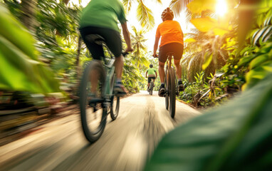 Naklejka premium Bicyclists ride through lush tropical street, surrounded by vibrant greenery and sunlight. scene captures sense of adventure and freedom in nature