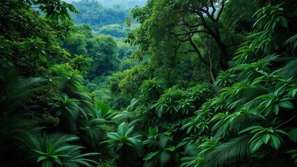 Fototapeta premium Lush, dense foliage in a vibrant tropical jungle setting during the hot month of August in Southeast Asia, hot, nature