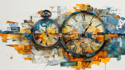 Fototapeta premium Intricate Paper Art Collage Illustrating the Concept of Time with Vintage Clocks and Abstract Elements