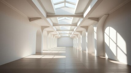 Fototapeta premium Modern white arched corridor with sunlight shining through creating dramatic shadows, contemporary, space