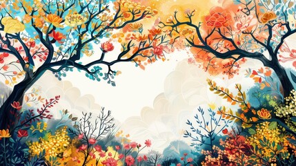 Colorful floral trees forming a heart shape against a bright sky.