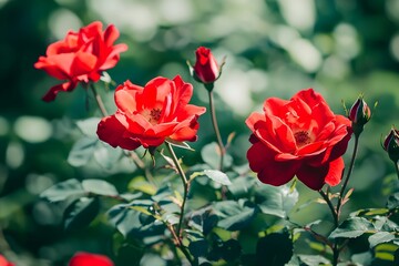 Beautiful red roses blooming in a lush garden during spring