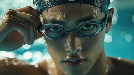 Athlete Prepares for Swimming Competition by Adjusting Goggles and Cap Before Dive