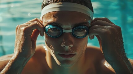 Focused Swimmer Adjusting Goggles and Cap Before Diving into Pool Water for Competition
