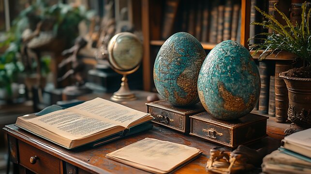 Dinosaur eggs on a classic desk setup, symbolizing growth with a touch of fantasy 