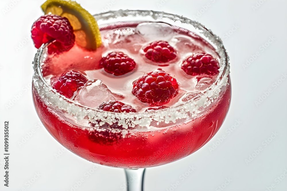 Poster refreshing raspberry cocktail garnished with lemon slice and berries
