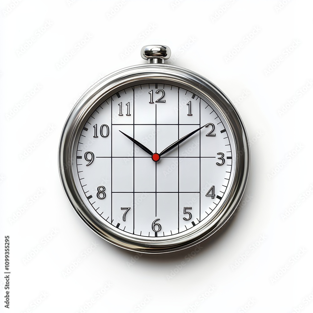 Poster a round silver clock with a white face and black markings, featuring a grid pattern.