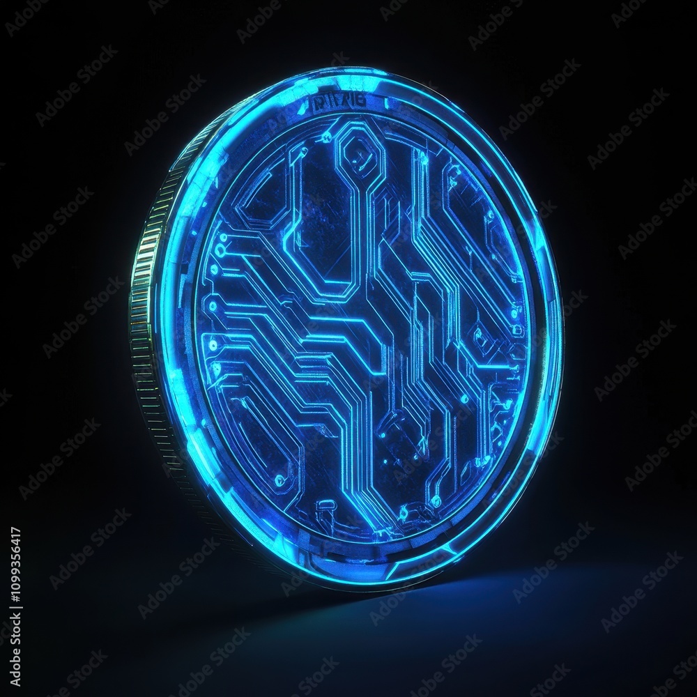 Poster a glowing blue digital coin with circuit patterns, representing cryptocurrency and technology.