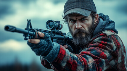 Fototapeta premium Focused: A bearded man in a plaid shirt and cap holds a rifle with a scope, his intense gaze fixed on the target. The image evokes a sense of determination and focus.