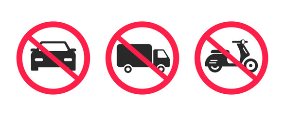 Prohibited vehicle car traffic road sign vector graphic silhouette shape illustration set, forbidden drive zone to freight cargo truck, motor bike scooter, passenger auto image clip art picture

