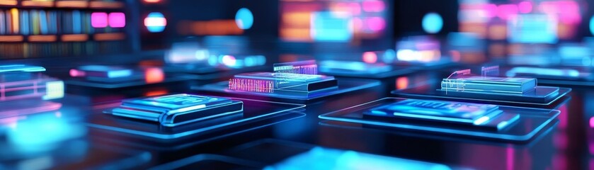 Fototapeta premium Interactive library with glowing holographic shelves arranged in floating clusters, floating cluster library, dynamic tech